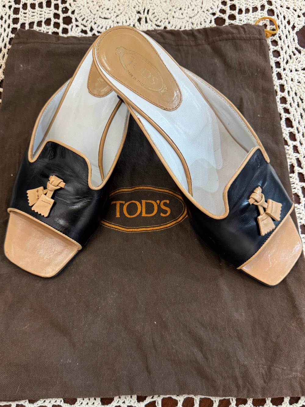 TOD'S Black and Tan Leather Tassel Open-Toe Mule Slides